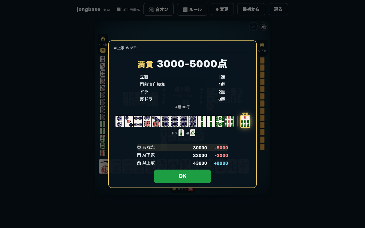 jongbase の対AI対局の和了画面。立直・門前清自摸和・ドラ2の4翻30符で満貫3000-5000点、各家の増減表示